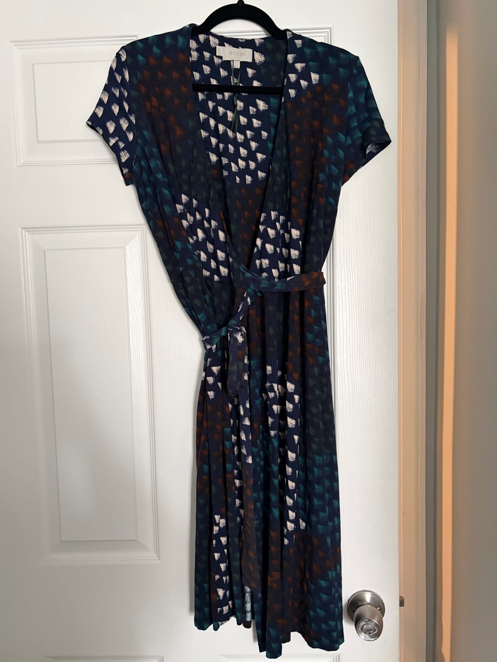 Hobbs London Navy/Teal Brushstroke Print Jersey Wrap Midi Dress Size 8 NWOT
